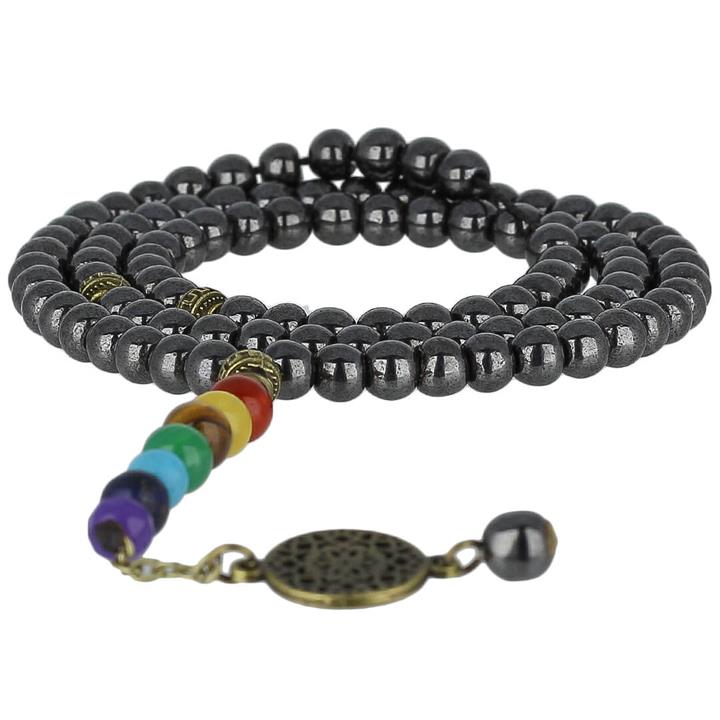 تسبیح حدید صینی 101 دانه دستساز با شیخک هفت سنگ چاکرا معدنی و محافظ هاله انرژی طراحی اسلیمی